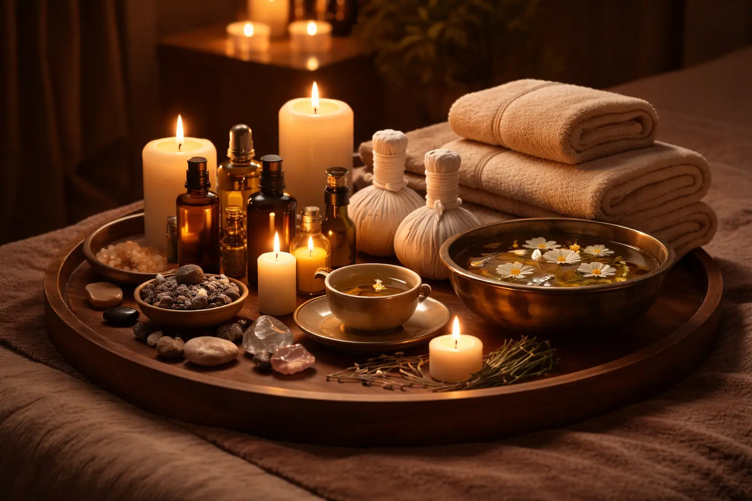 Aromatic oils, candles and folded towels arranged for a spa ritual